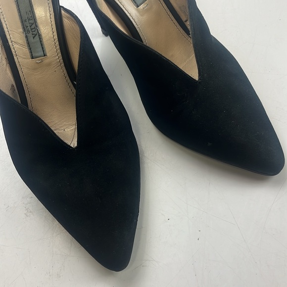 Prada Suede Whipstitch Trim Pointed Toe Cone Heel Mules - Size 37 - G85-13 - Picture 4 of 9